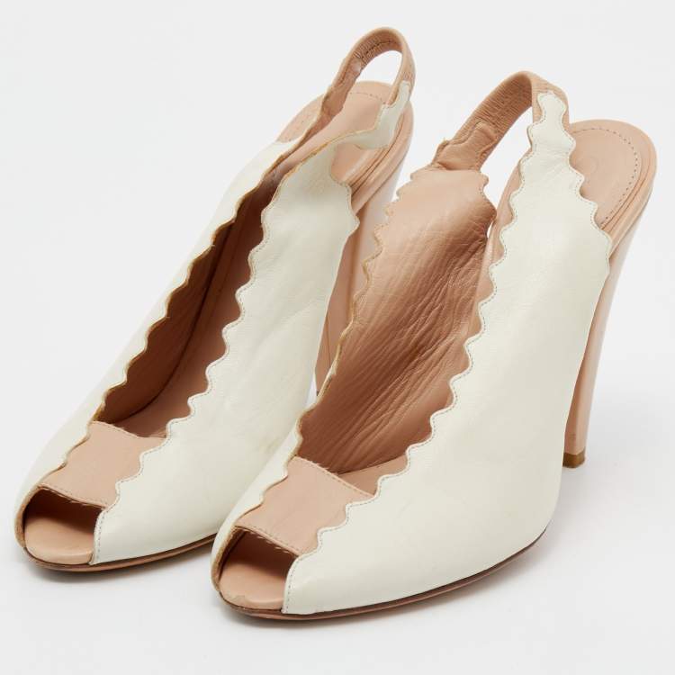 Pre Owned Chloe Cream Leather Slingback Peep Toe Sandals Size 36.5