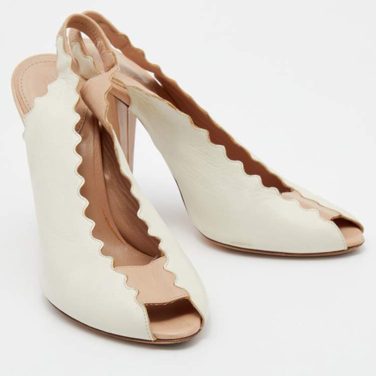 Pre Owned Chloe Cream Leather Slingback Peep Toe Sandals Size 36.5
