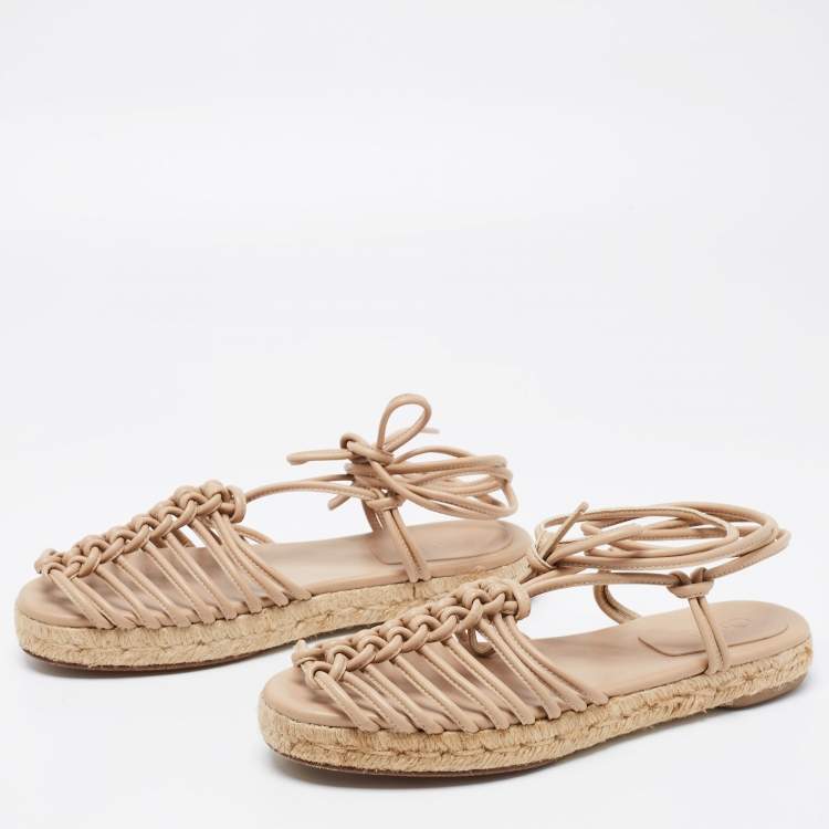 Pre Owned Chloe Beige Knotted Leather Ankle-Tie Flat Espadrilles Sandals Size 36
