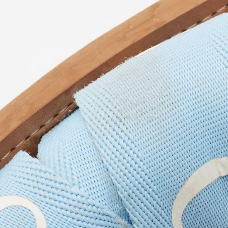 Pre Owned Chloe Blue Canvas Logo Ribbon Woody Flat Slide Sandals Size 37