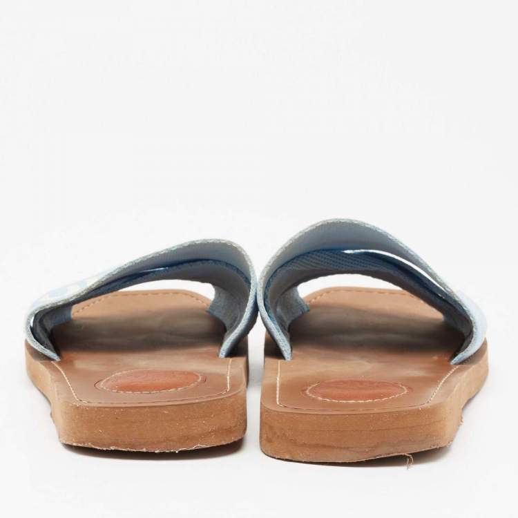 Pre Owned Chloe Blue Canvas Logo Ribbon Woody Flat Slide Sandals Size 37