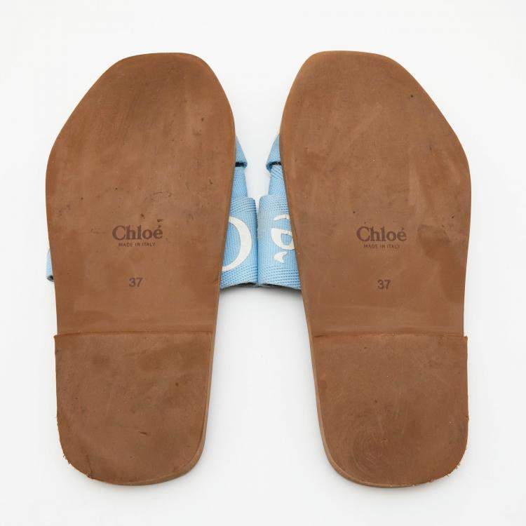 Pre Owned Chloe Blue Canvas Logo Ribbon Woody Flat Slide Sandals Size 37