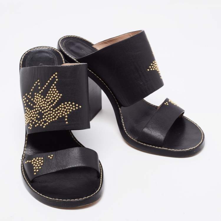 Pre Owned Chloe Black/Gold Studded Leather Slide Sandals Size 41