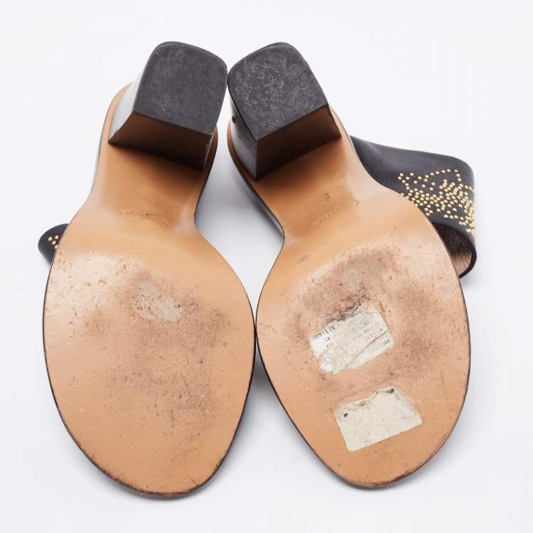 Pre Owned Chloe Black/Gold Studded Leather Slide Sandals Size 41