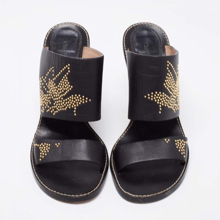 Pre Owned Chloe Black/Gold Studded Leather Slide Sandals Size 41