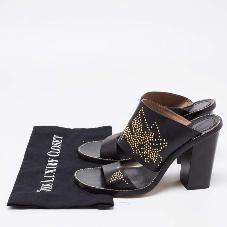 Pre Owned Chloe Black/Gold Studded Leather Slide Sandals Size 41