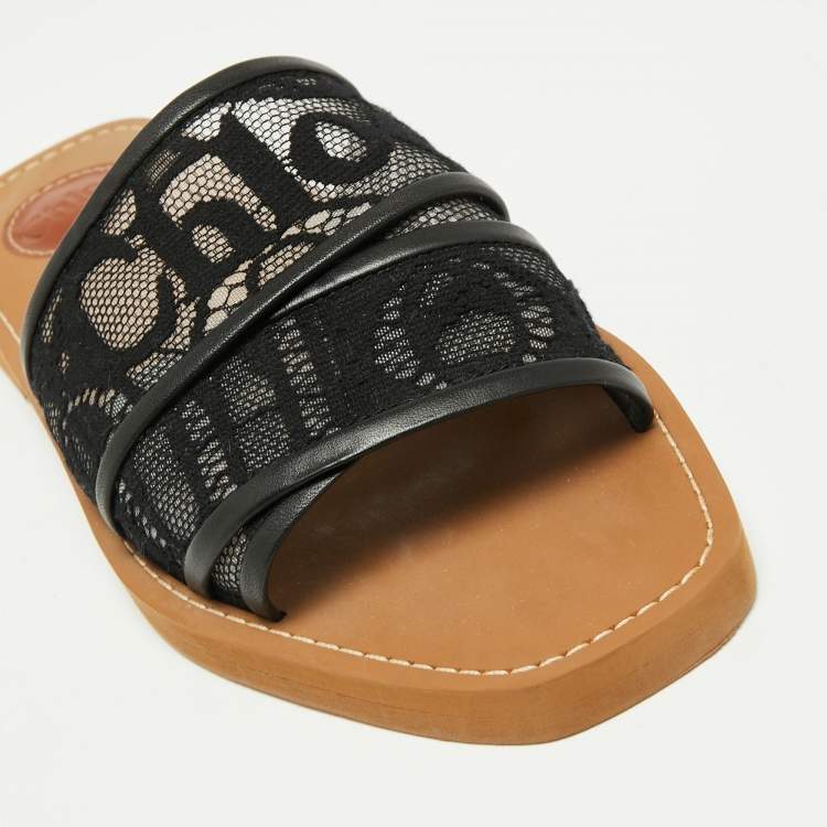 مملوكة مسبقًا Chloe Black Lace and Leather Trim Woody Flat Slides Size 39