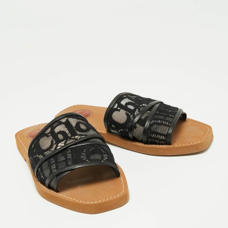 مملوكة مسبقًا Chloe Black Lace and Leather Trim Woody Flat Slides Size 39