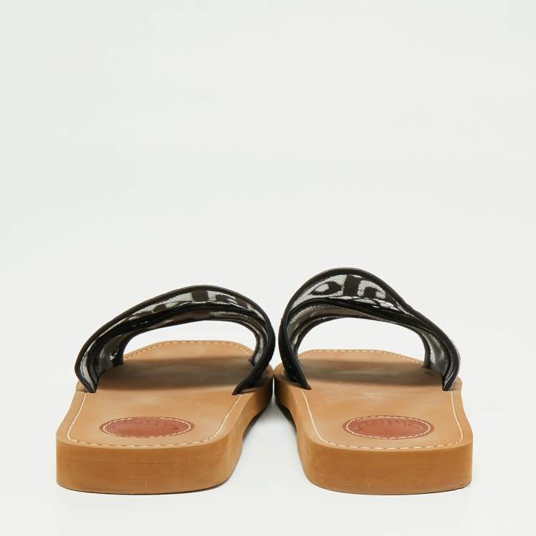 مملوكة مسبقًا Chloe Black Lace and Leather Trim Woody Flat Slides Size 39
