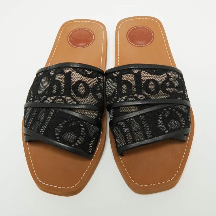 مملوكة مسبقًا Chloe Black Lace and Leather Trim Woody Flat Slides Size 39