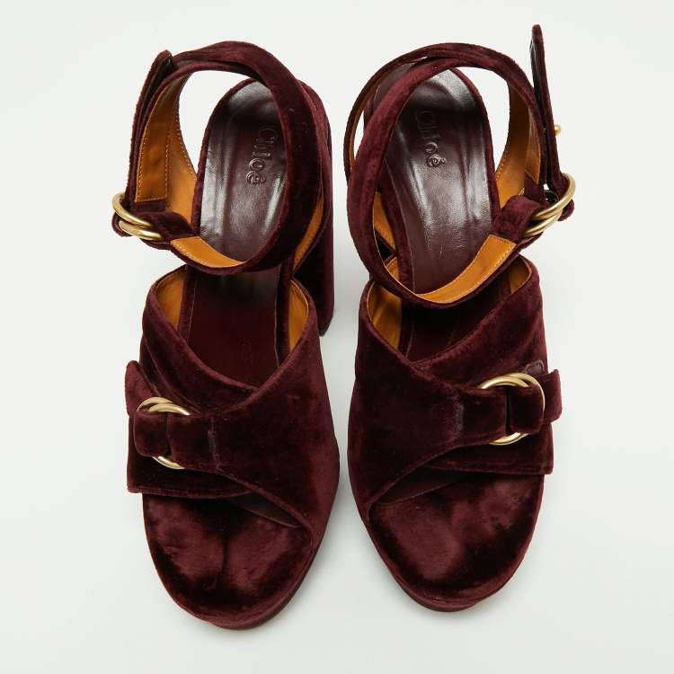 Pre Owned Chloe Dark Burgundy Block Heel Cross Strap Platform Sandals Size 40