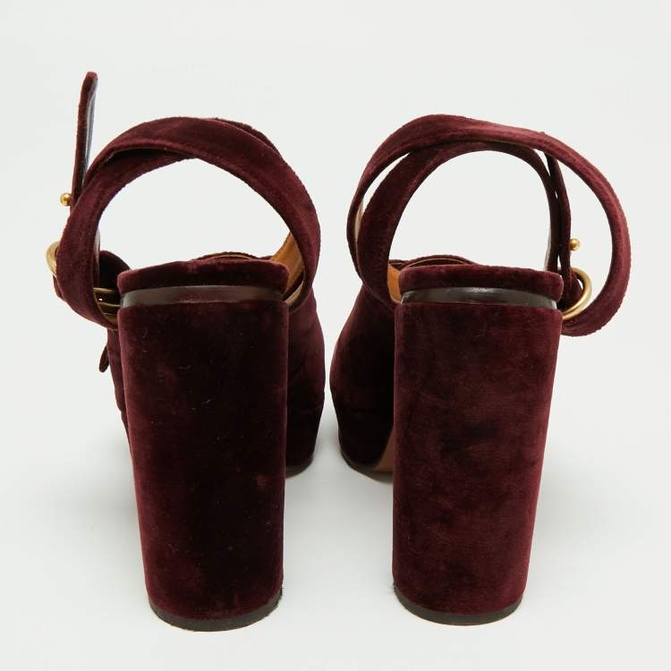 Pre Owned Chloe Dark Burgundy Block Heel Cross Strap Platform Sandals Size 40