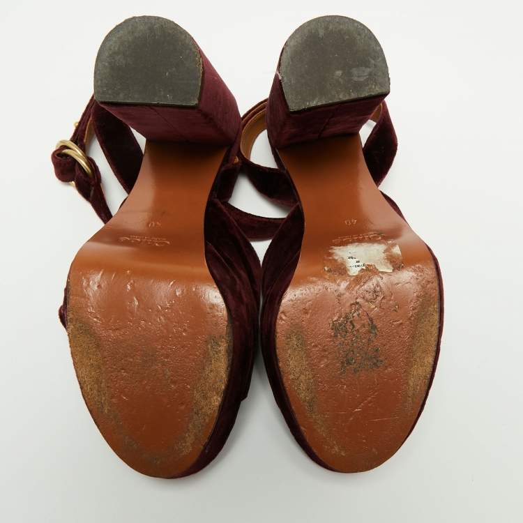 Pre Owned Chloe Dark Burgundy Block Heel Cross Strap Platform Sandals Size 40
