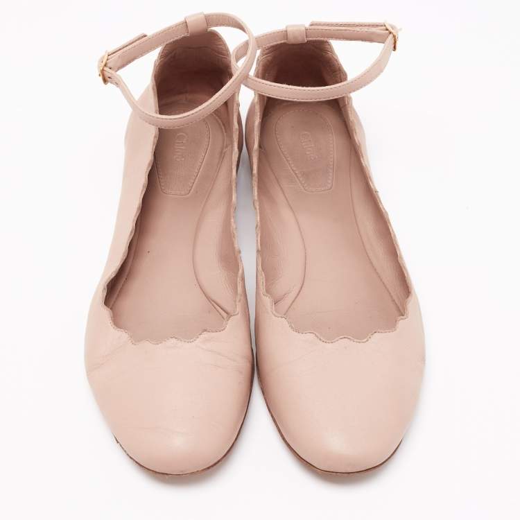 Pre Owned Chloe Beige Leather Lauren Scalloped Ankle Strap Ballet Flats Size 37