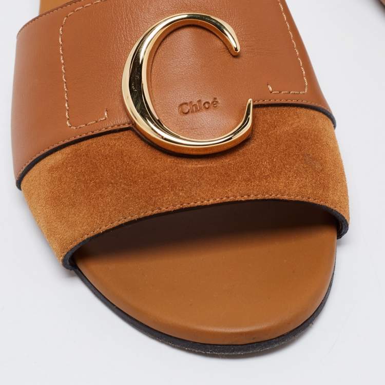 Pre Owned Chloe Brown Suede And Leather Flat Sandals  Size 40.5
