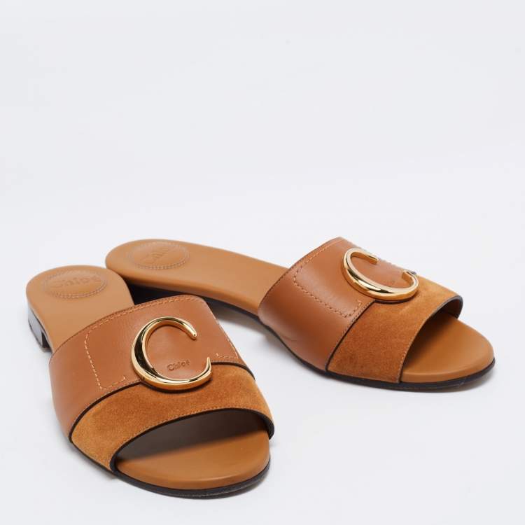 Pre Owned Chloe Brown Suede And Leather Flat Sandals  Size 40.5