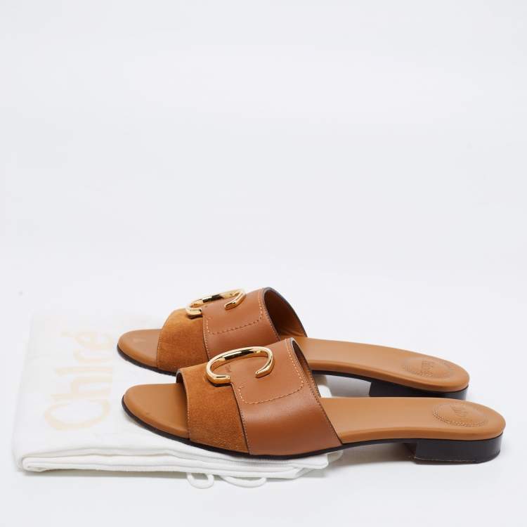Pre Owned Chloe Brown Suede And Leather Flat Sandals  Size 40.5
