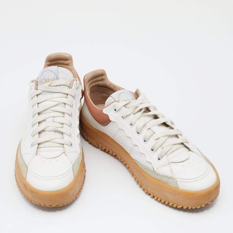 Pre Owned Chloe White/Brown Leather And Suede Trims Franckie Low Top Sneakers Size 38