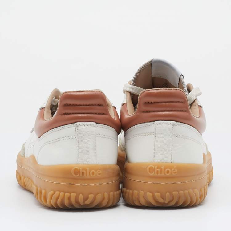 Pre Owned Chloe White/Brown Leather And Suede Trims Franckie Low Top Sneakers Size 38
