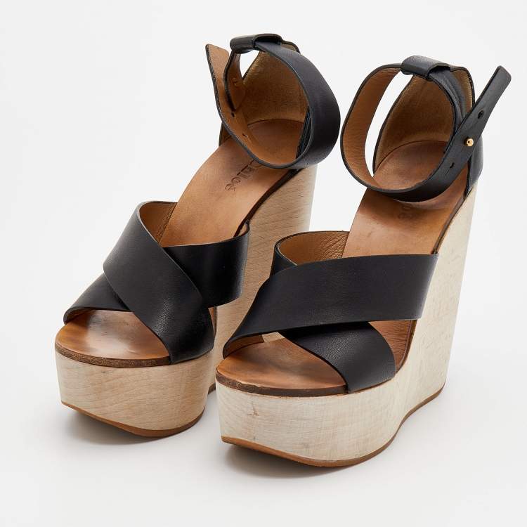 مملوكة مسبقًا Chloe Black Leather Crisscross Platform Wedge Ankle Strap Sandals Size 38