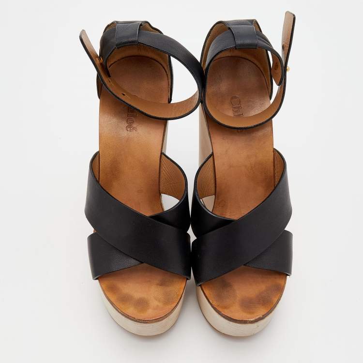 مملوكة مسبقًا Chloe Black Leather Crisscross Platform Wedge Ankle Strap Sandals Size 38