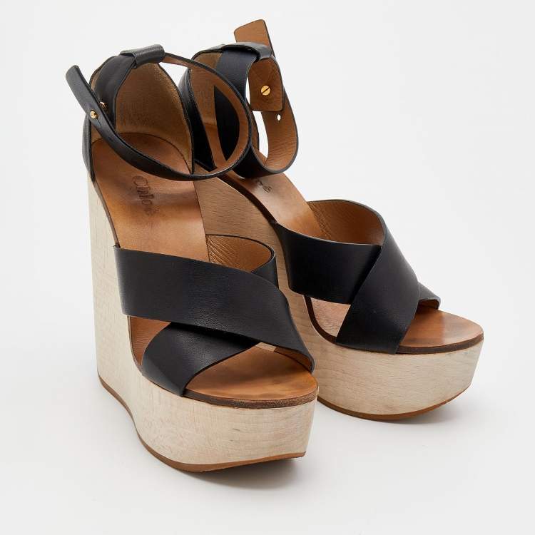 مملوكة مسبقًا Chloe Black Leather Crisscross Platform Wedge Ankle Strap Sandals Size 38