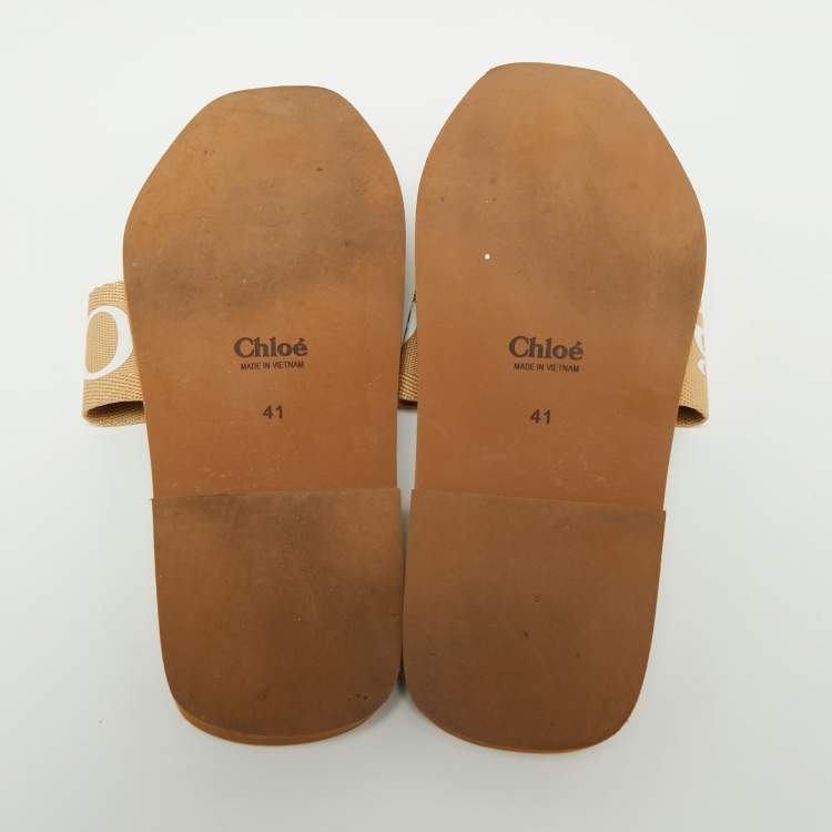 Pre Owned Chloe Beige Canvas Woody Logo Flat Slides Size 41