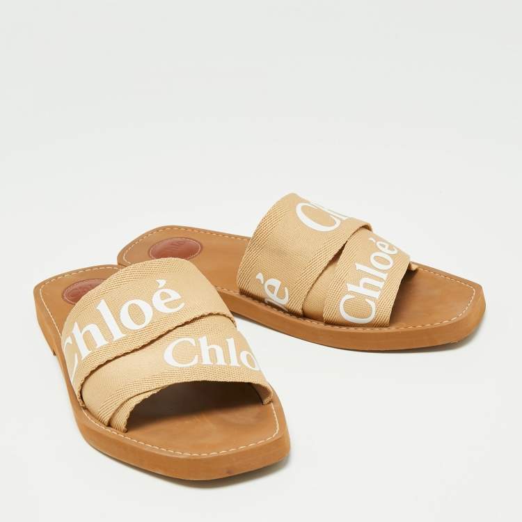 Pre Owned Chloe Beige Canvas Woody Logo Flat Slides Size 41