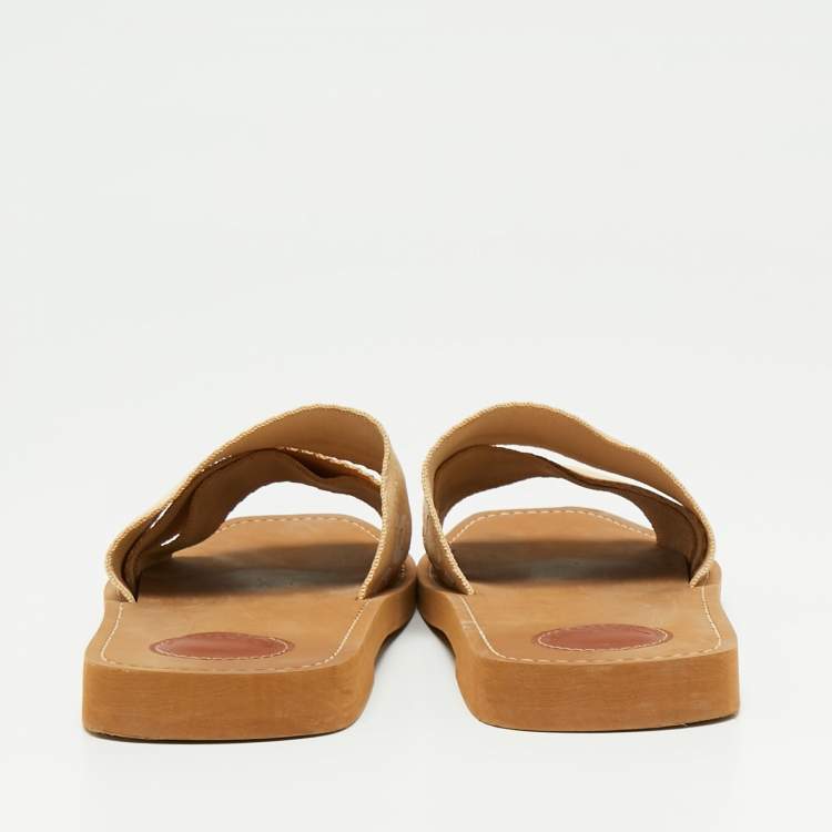 Pre Owned Chloe Beige Canvas Woody Logo Flat Slides Size 41