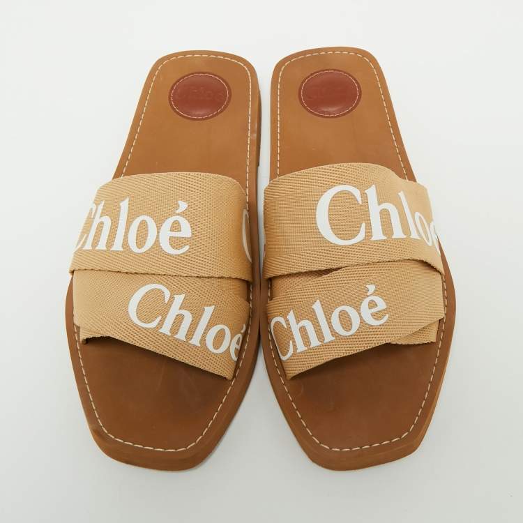 Pre Owned Chloe Beige Canvas Woody Logo Flat Slides Size 41