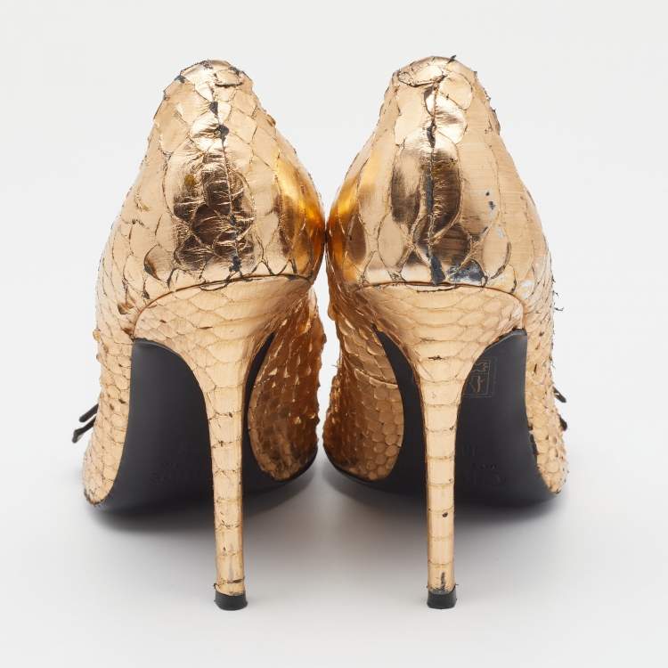 Pre Owned Chloe Metallic Gold Python Leather Bow Detail Pointed Toe Pumps Size 38.5