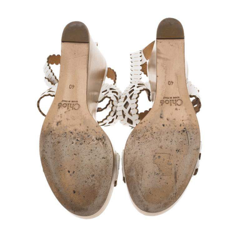 مملوكة مسبقًا Chloe White Cutout Leather Platform Wedge Sandals Size 40