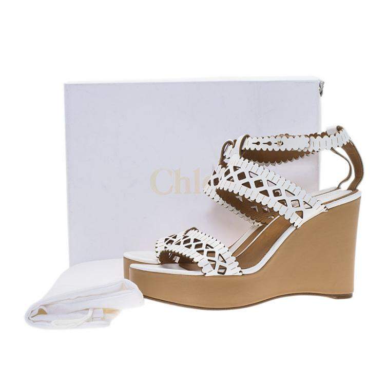 مملوكة مسبقًا Chloe White Cutout Leather Platform Wedge Sandals Size 40