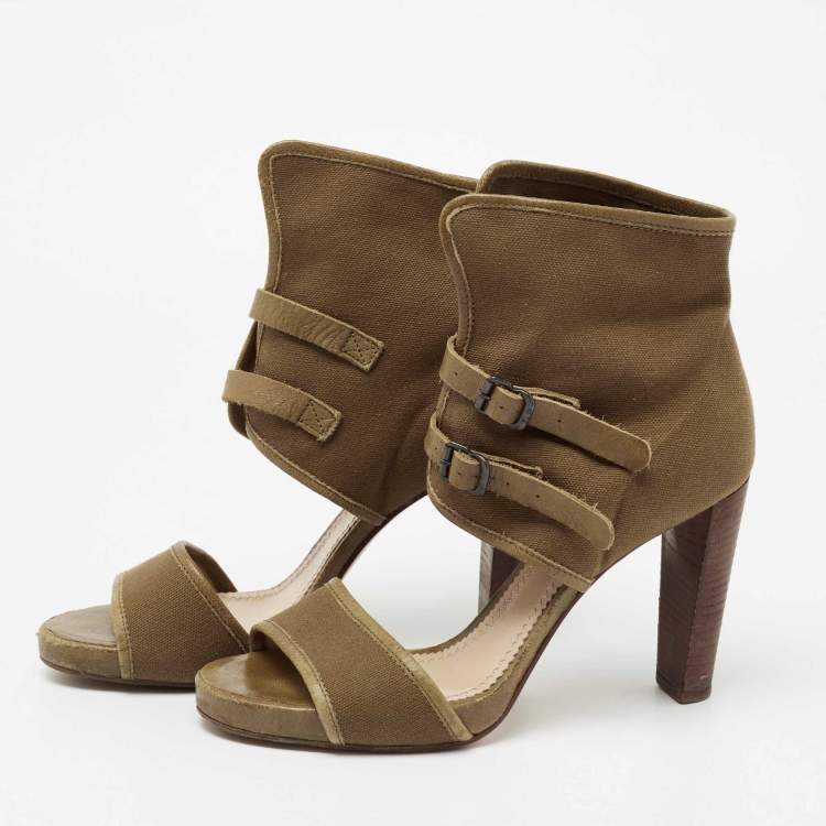 Pre Owned Chloe Brown Canvas and Leather Trim Ankle Sandals Size 38