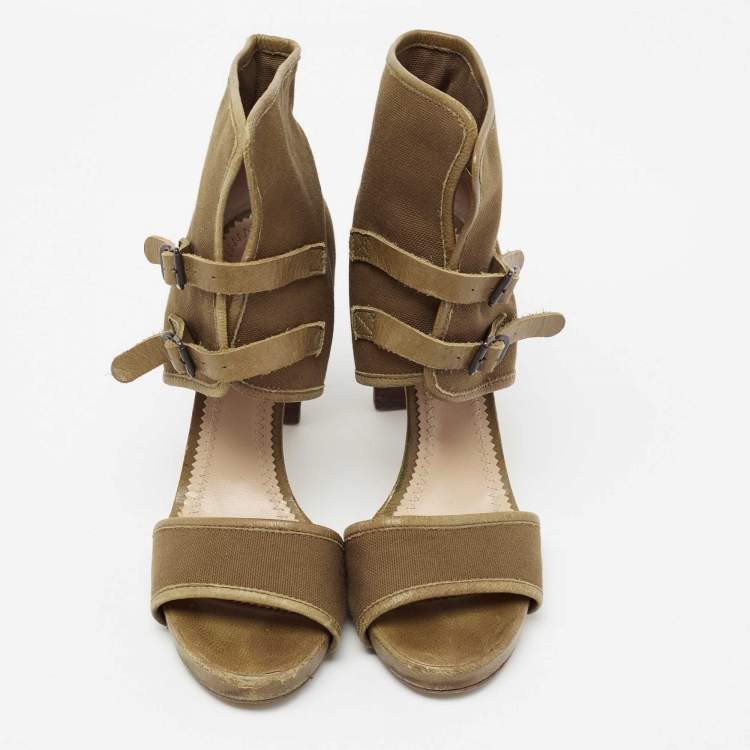 Pre Owned Chloe Brown Canvas and Leather Trim Ankle Sandals Size 38