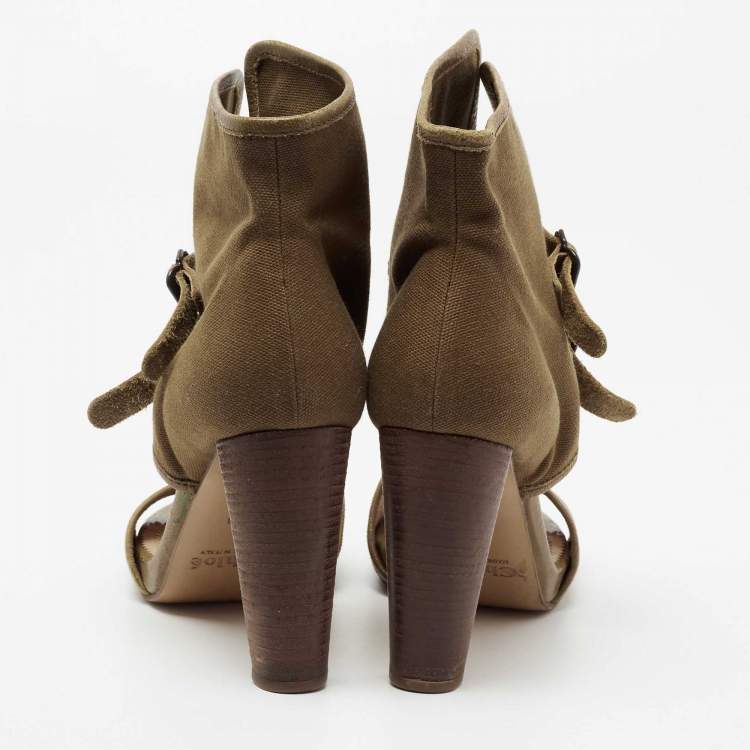 Pre Owned Chloe Brown Canvas and Leather Trim Ankle Sandals Size 38