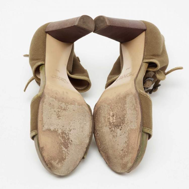 Pre Owned Chloe Brown Canvas and Leather Trim Ankle Sandals Size 38