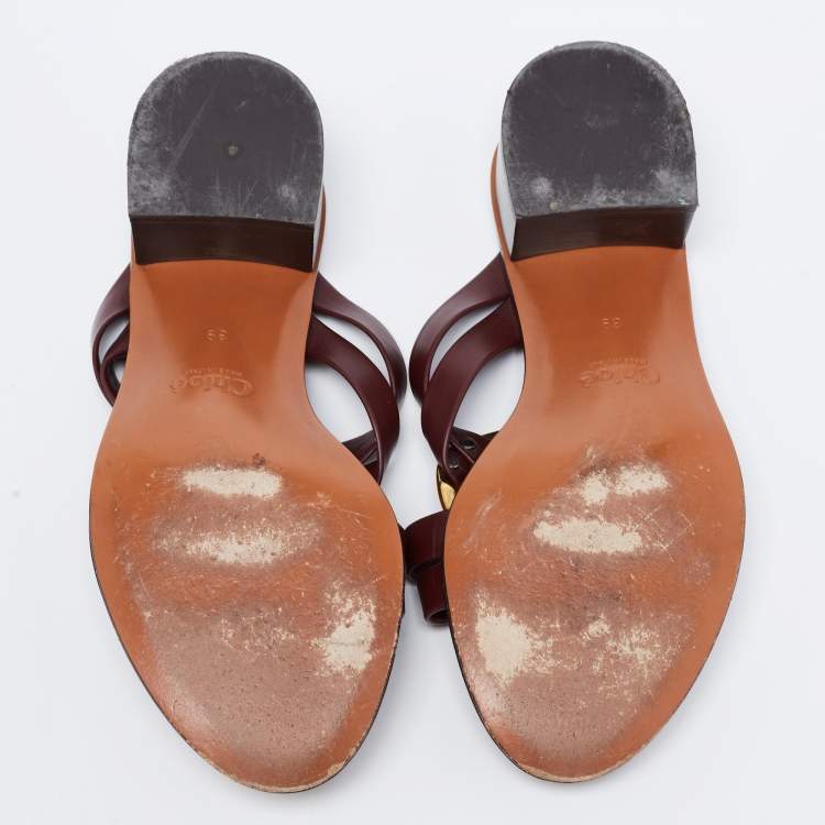 Pre Owned Chloe Burgundy Leather Rony Block Heel Sandals Size 39