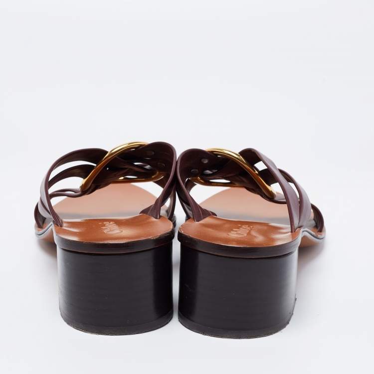 Pre Owned Chloe Burgundy Leather Rony Block Heel Sandals Size 39