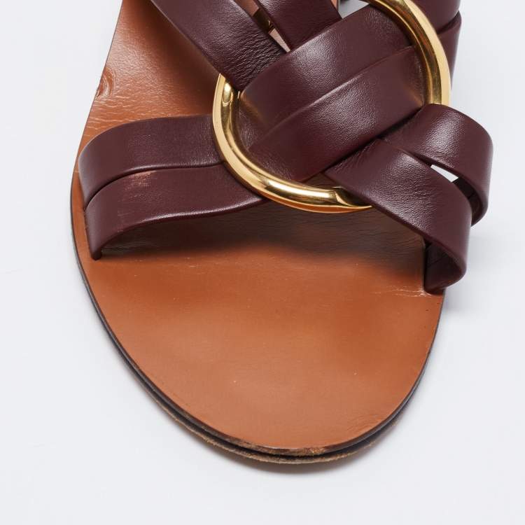 Pre Owned Chloe Burgundy Leather Rony Block Heel Sandals Size 39
