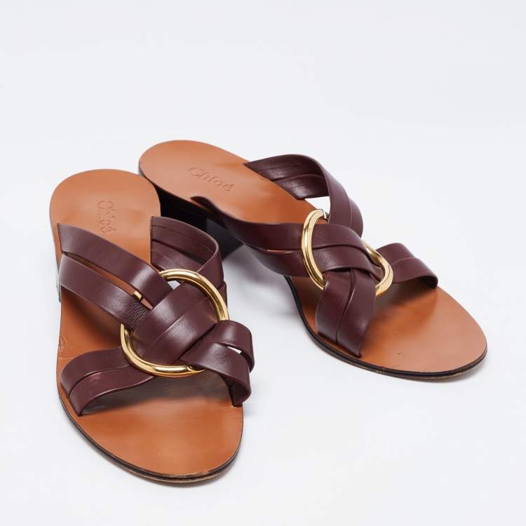 Pre Owned Chloe Burgundy Leather Rony Block Heel Sandals Size 39
