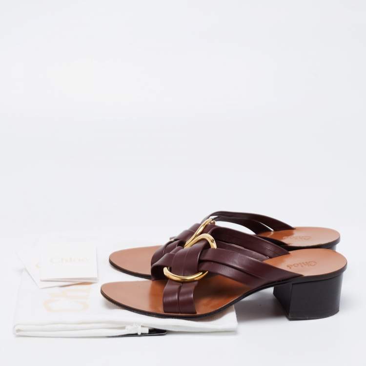 Pre Owned Chloe Burgundy Leather Rony Block Heel Sandals Size 39