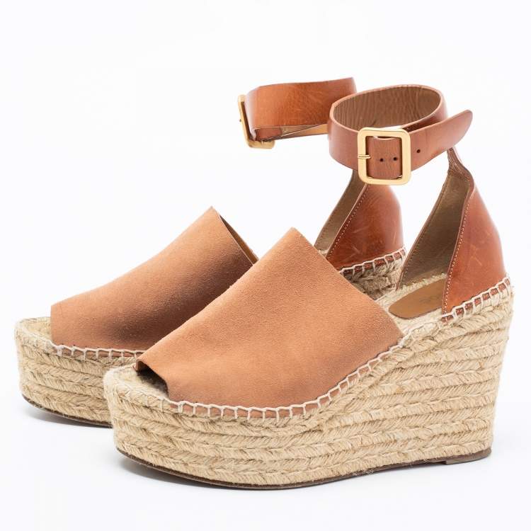 Pre Owned Chloe Tan Leather and Suede Peep-Toe Espadrille Platform Wedge Sandals Size 39