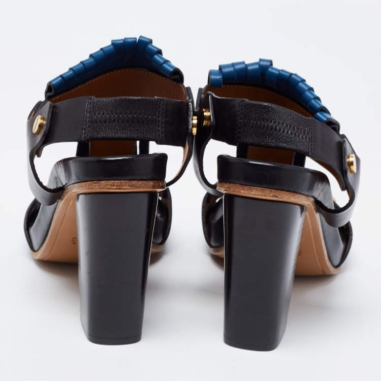 Pre Owned Chloe Black/Blue Leather Fringes Block Heel Sandals Size 39.5