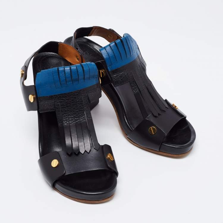 Pre Owned Chloe Black/Blue Leather Fringes Block Heel Sandals Size 39.5