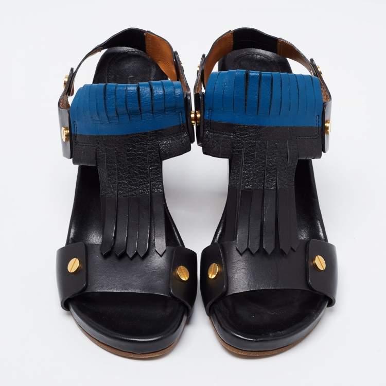 Pre Owned Chloe Black/Blue Leather Fringes Block Heel Sandals Size 39.5