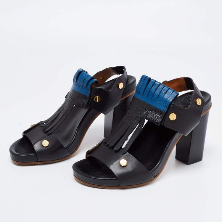 Pre Owned Chloe Black/Blue Leather Fringes Block Heel Sandals Size 39.5