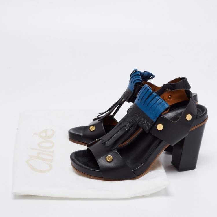 Pre Owned Chloe Black/Blue Leather Fringes Block Heel Sandals Size 39.5