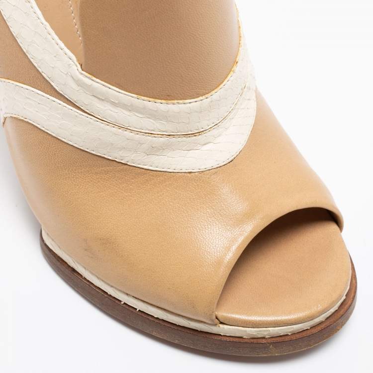Pre Owned Chloe Beige/White Snakeskin Embossed And Leather Slingback Sandals Size 38.5