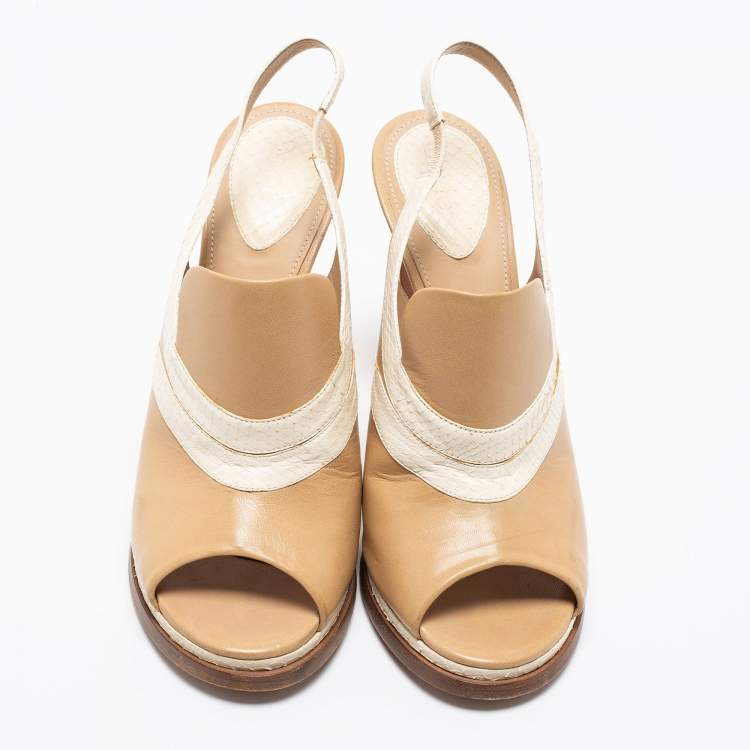 Pre Owned Chloe Beige/White Snakeskin Embossed And Leather Slingback Sandals Size 38.5